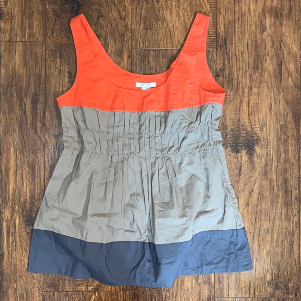 VINCE SLEEVELESS ORANGE RUCHED COLORBLOCK SHIRT